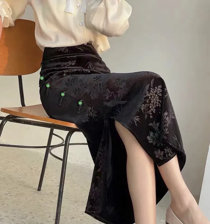 新中式国风半身裙高腰一字裙中长款黑色裙子裙长86-W2413