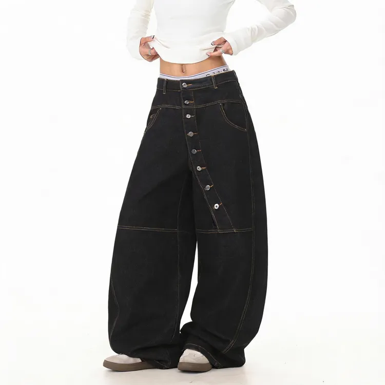 ORDERSTAGE美式复古设计感弯曲长排扣baggy廓形丹宁弯刀牛仔裤潮