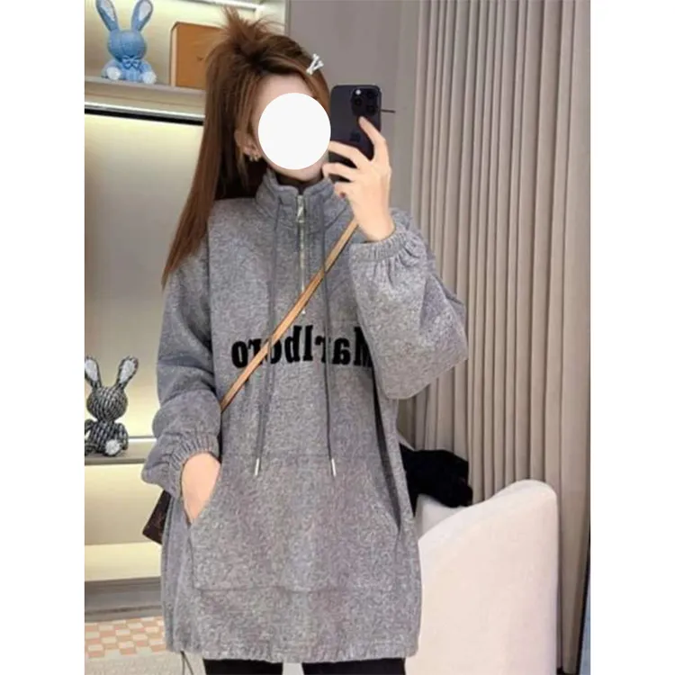 韩系学院风复古半拉链立领卫衣秋冬大码胖MM显瘦慵懒字母印花上衣