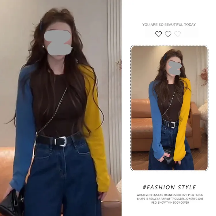 减龄撞色拼接插肩长袖t恤女2025早秋新款修身显瘦打底衫叠穿上衣