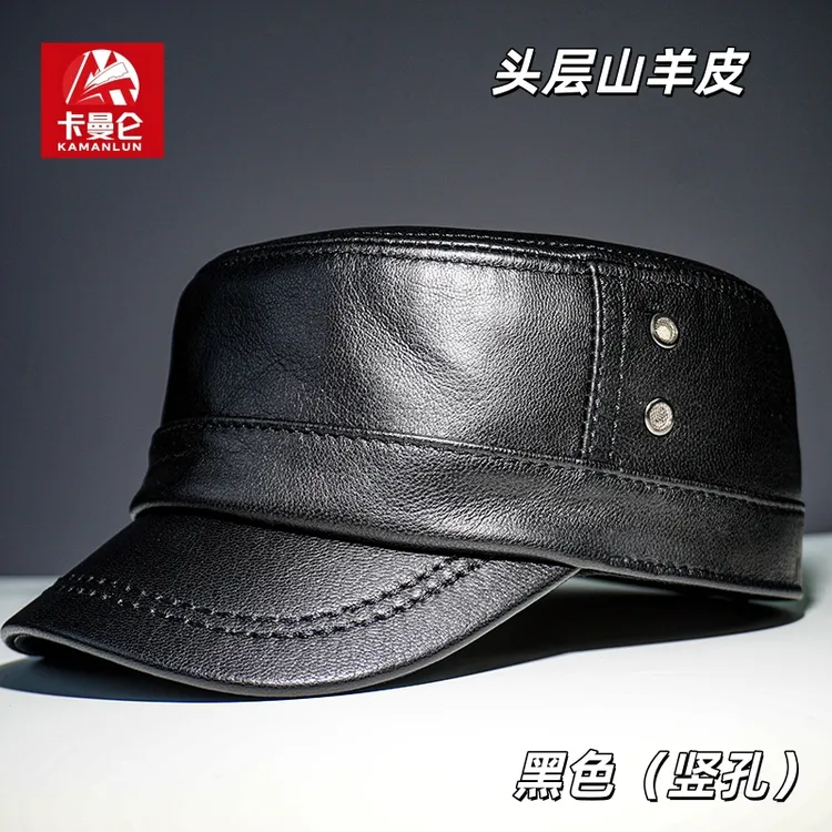 卡曼仑真皮帽子秋冬中老年羊皮平顶鸭舌帽男士简约大方百搭爸爸帽