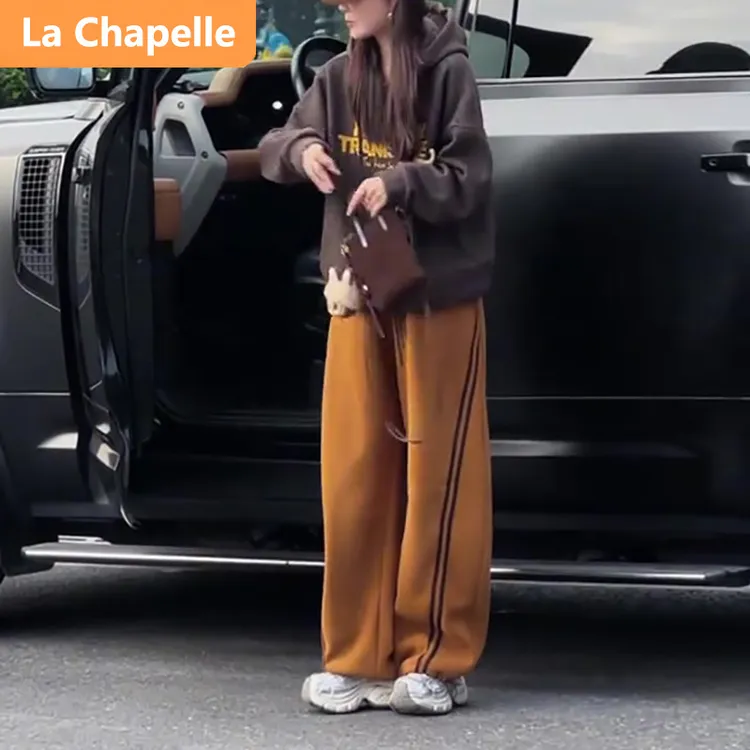 拉夏贝尔少女风休闲时尚套装女春秋冬加绒减龄连帽卫衣阔腿裤两件