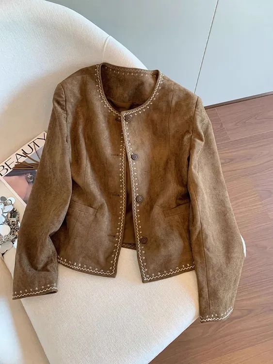 美拉德复古咖色明线刺绣外套女秋冬季新款高级感洋气显瘦夹克上衣