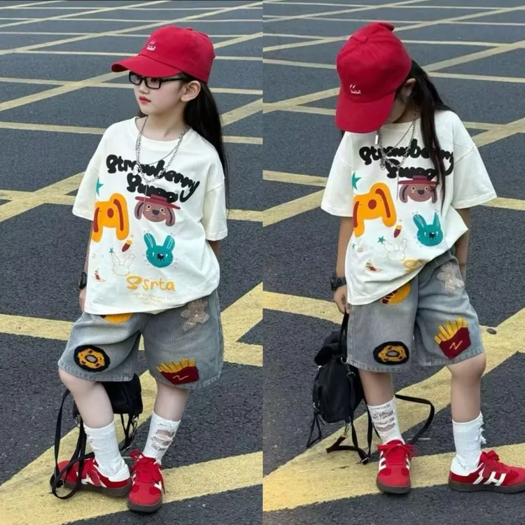 女童夏季套装2025新款中大童洋气女孩印花T恤短袖牛仔短裤两件套
