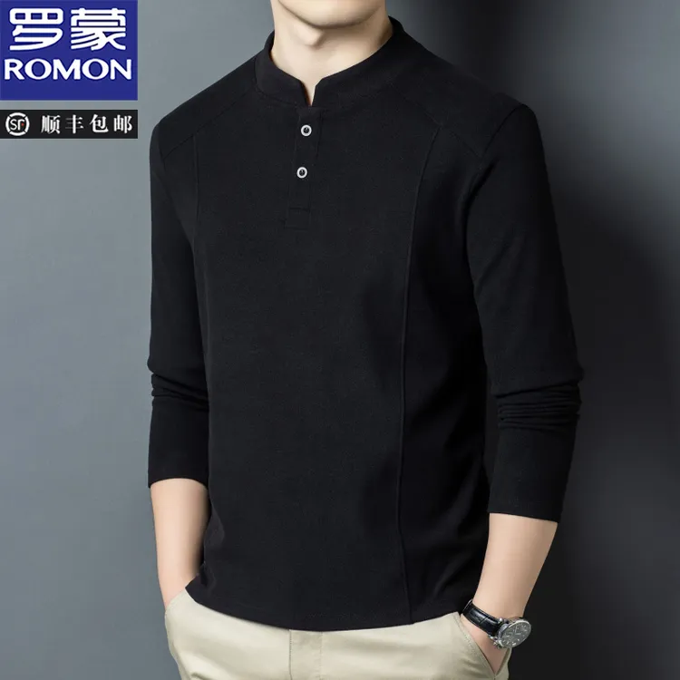 罗蒙秋冬季双面德绒打底衫男士亨利领潮流百搭长袖T恤立领卫衣男