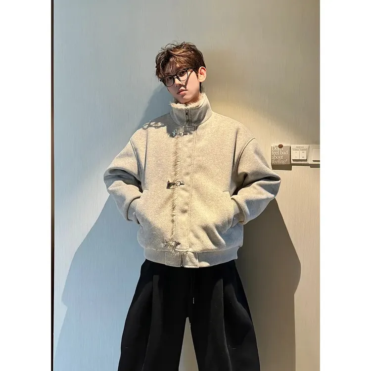 潮牌-【飞机扣座山雕】美式哈灵顿毛领棉服男百搭立领棉衣外套