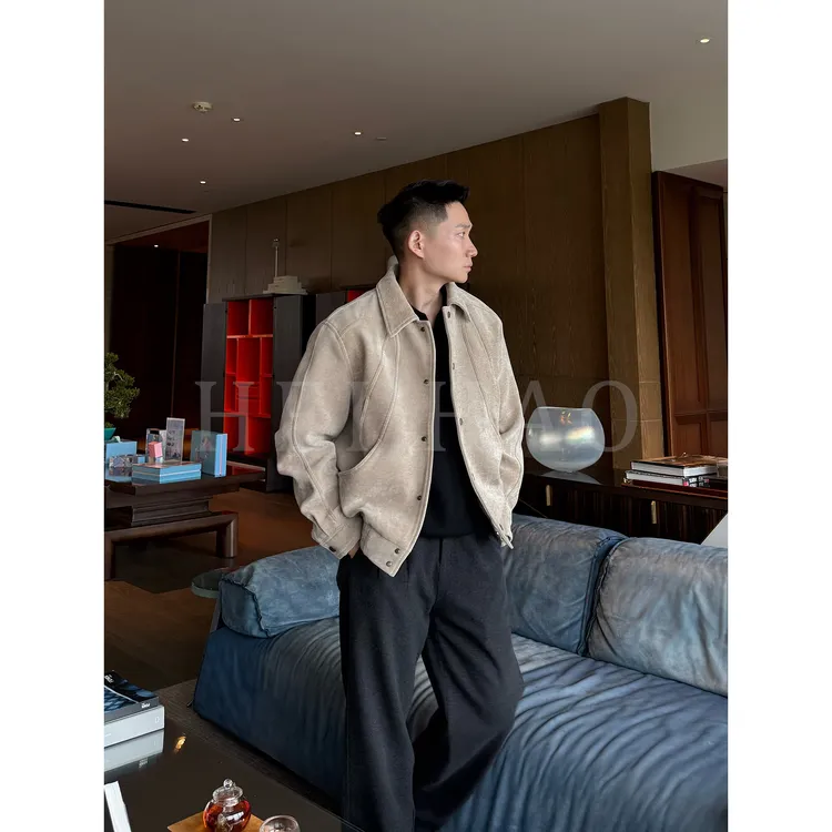Hei Hao】西班牙微绒面结构拼接翻领男士秋冬夹克外套廓形微短款