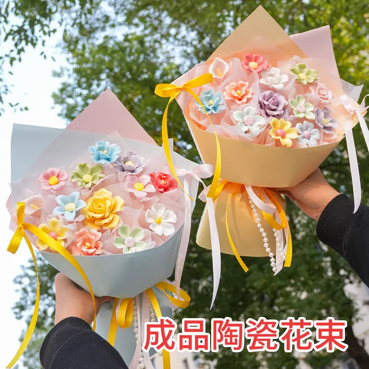 精致玫瑰花生日礼物景德镇手工陶瓷花束小花束圣诞花束成品送女友