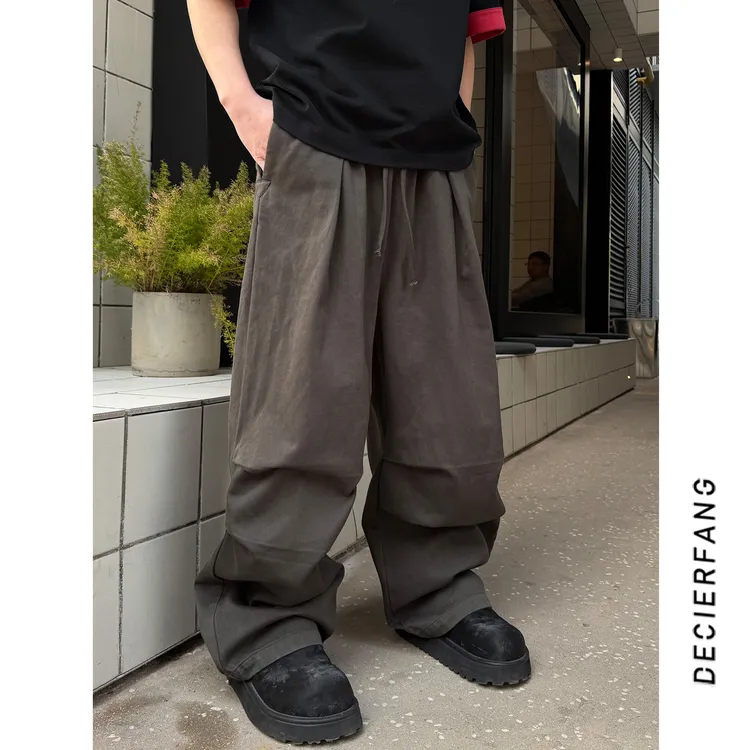 春季新款立体褶皱复古伞兵工装裤休闲潮流宽松美式阔腿男士休闲裤