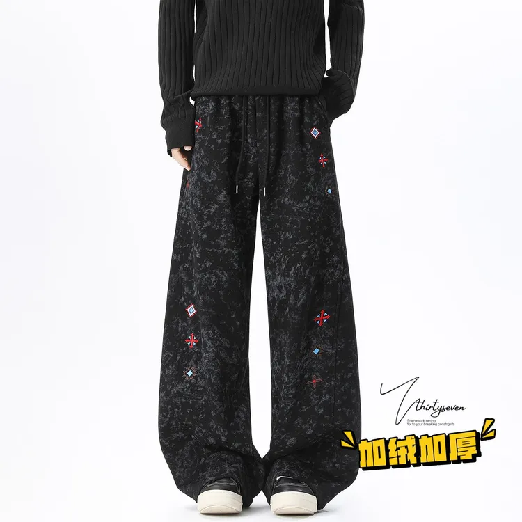 美式设计感小众刺绣弯卫裤男冬季高街vibe扎染加绒运动裤子潮