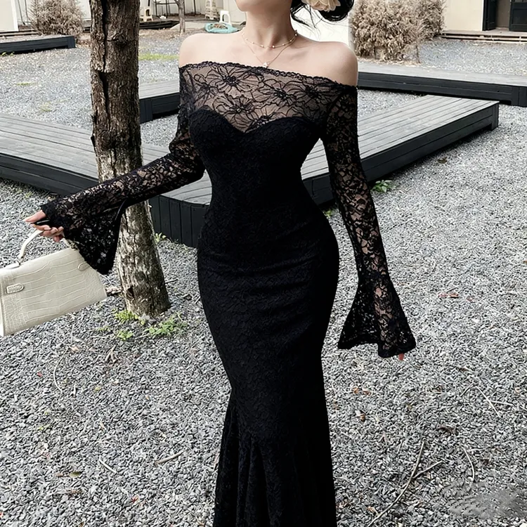 【纱绘子】纯欲性感一字肩蕾丝连衣裙秋季新款气质修身显身材鱼尾裙