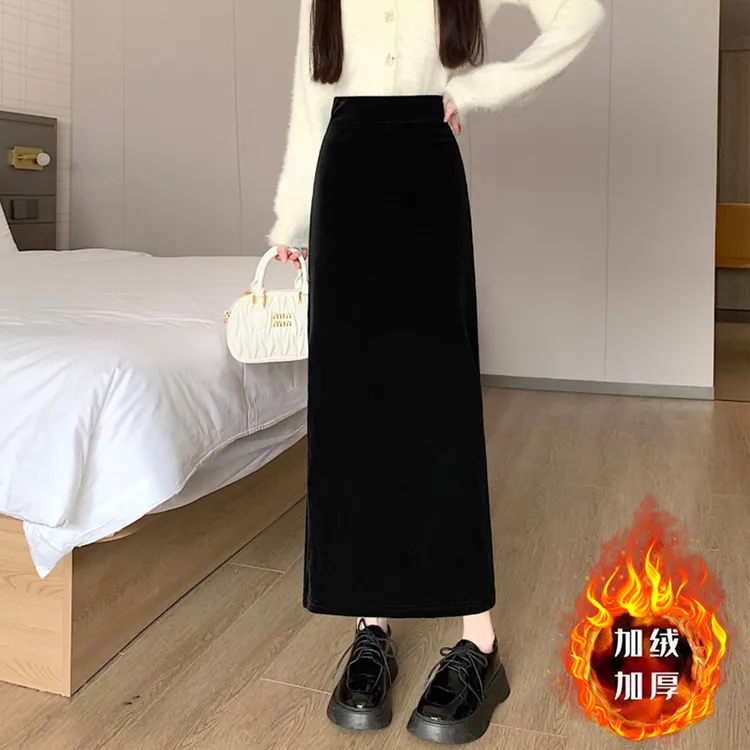 开叉直筒金丝绒半身裙女秋冬2025新款高腰A字裙中长款半裙包臀裙