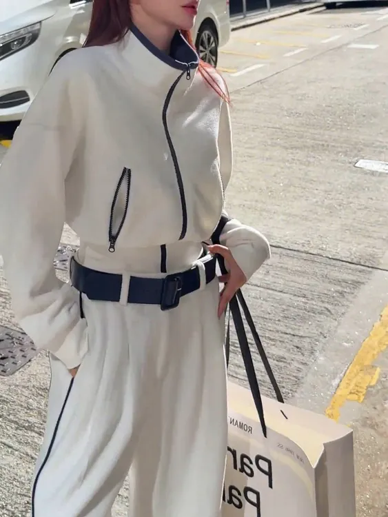 冬季加厚摇粒绒立领夹克外套拼色直筒阔腿裤韩系运动休闲两件套女