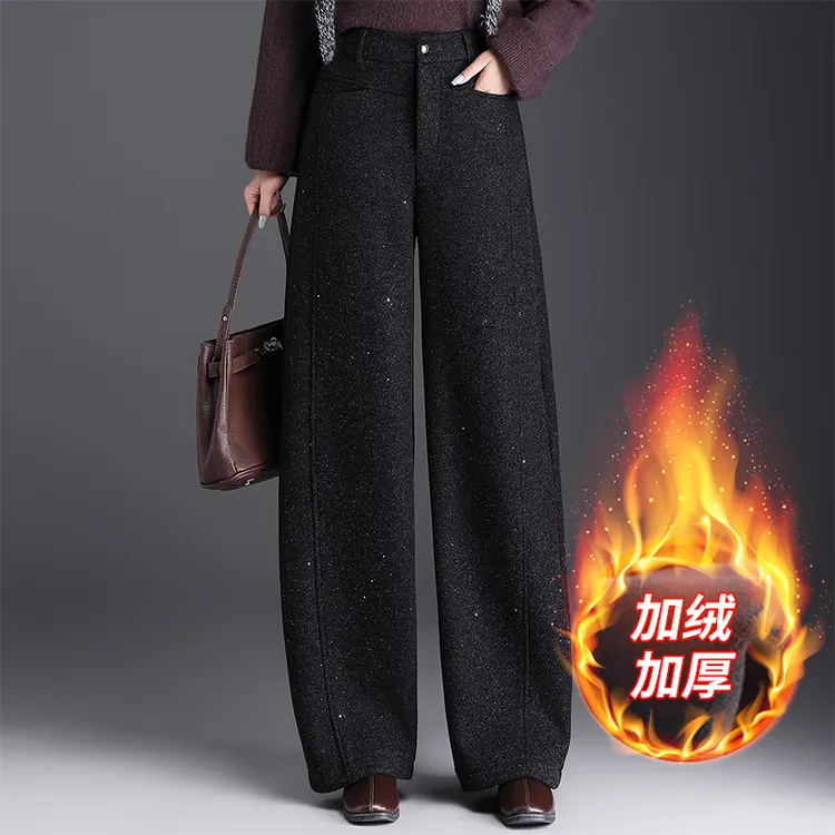 高级感重工烫钻加绒毛呢弯刀阔腿裤女2025秋冬款时尚优雅风休闲裤
