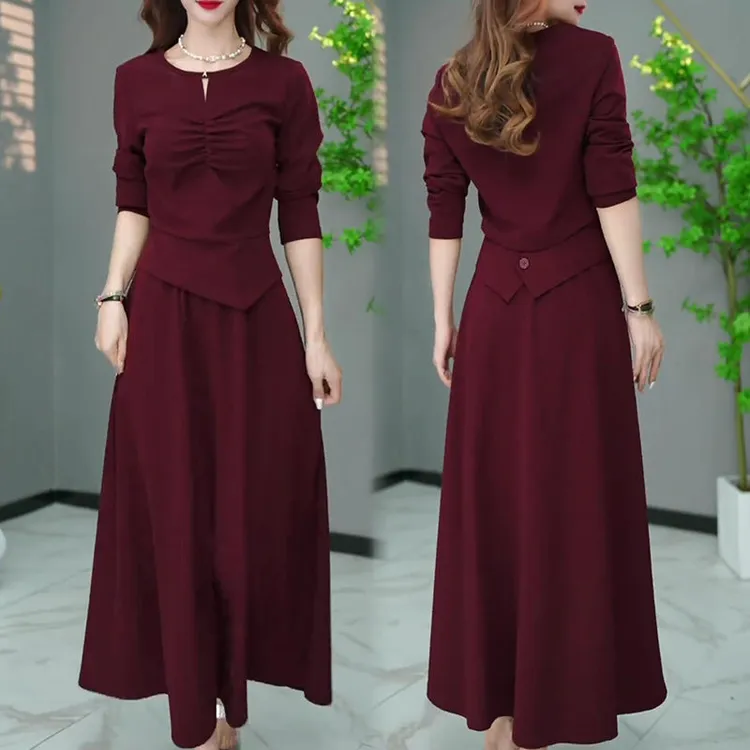 时尚洋气长袖上衣半身裙两件套女2025秋季新款显瘦遮肉法式套装裙