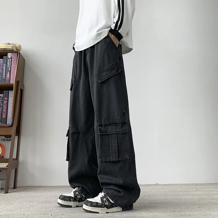 多口袋青少年美式阔腿牛仔裤直筒裤秋季休闲裤百搭男女港风