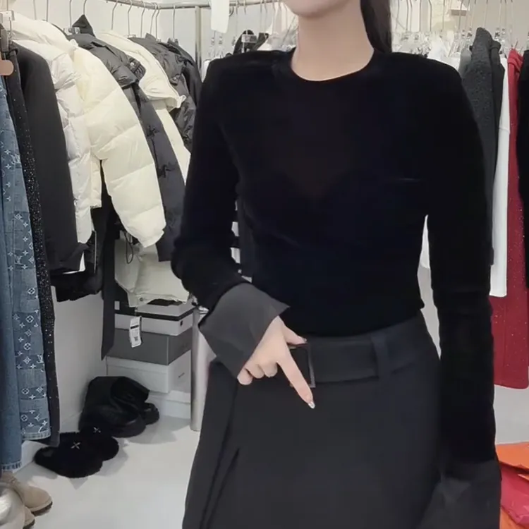 早秋修身短款丝绒长袖圆领打底上衣女时尚百搭