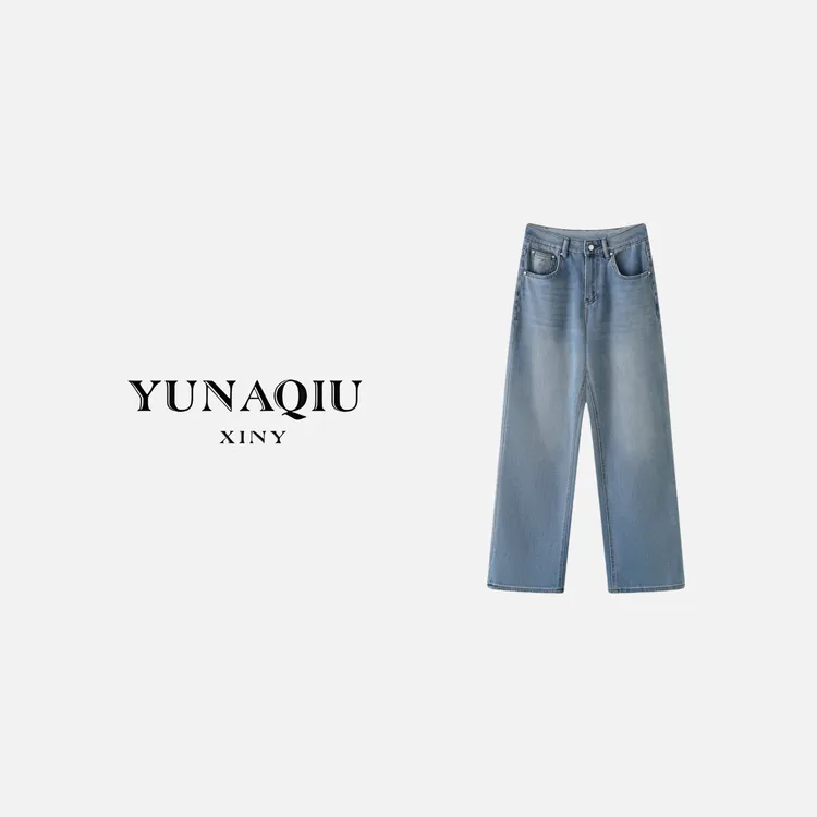 YUNAQIU-直筒复古宽松水洗做旧牛仔裤-9555