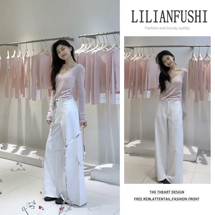 秋冬温柔系穿搭女2026新款韩版修身V领长袖上衣显瘦阔腿裤两件套