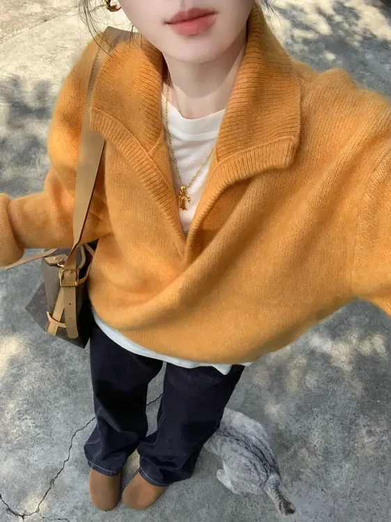 多巴胺橘色半开领宽松慵懒风针织衫毛衣女冬季加厚可外穿内搭上衣