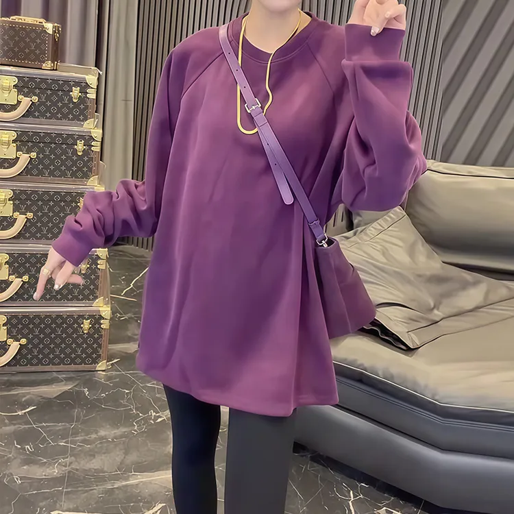 宽松舒适圆领上衣2025秋季新款纯色气质洋气百搭休闲卫衣大码女装