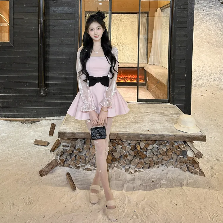 【甜夹乌龙】秋冬新款纯欲风蕾丝长袖蝴蝶收腰女款连衣裙斗篷套装