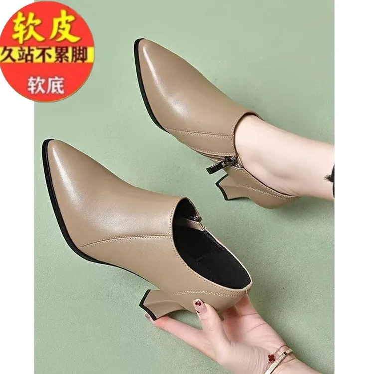 品牌断码新款裸色高跟鞋女粗跟春秋气质百搭真皮深口单鞋尖头皮鞋