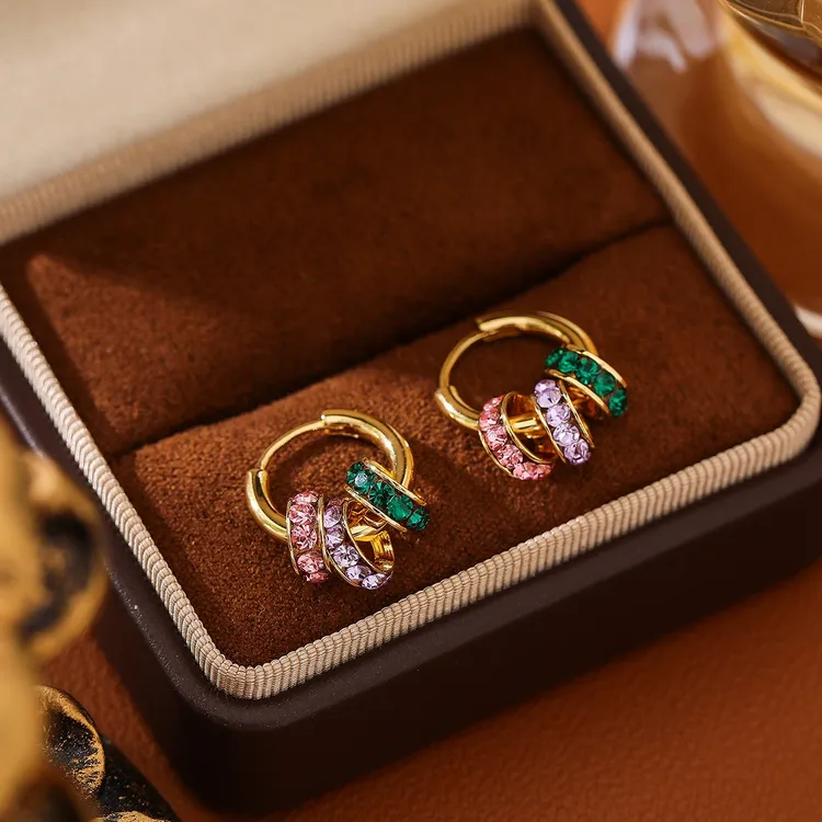 铜合金合成锆石耳饰 【春和景明】韩版经典三色满钻圈圈耳环1856