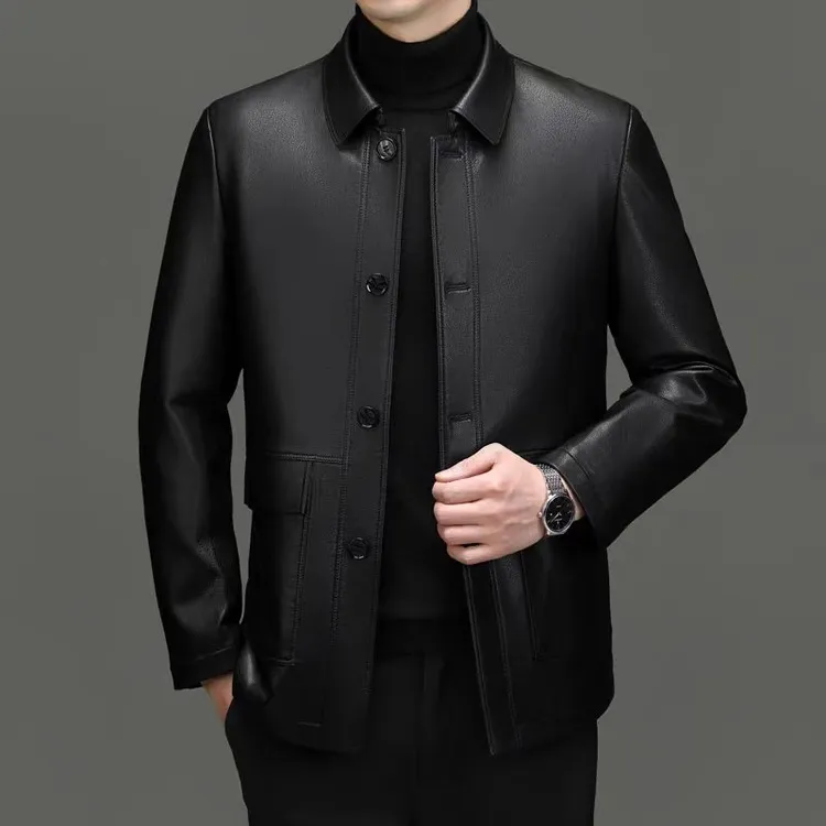 【海宁精选】男士秋冬商务休闲翻领（纽扣款)手工真皮山羊皮外套1