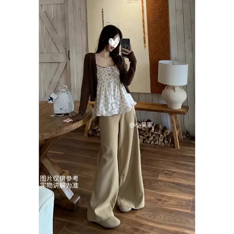 「小吴家」休闲时尚套装女秋2025新款开衫碎花吊带背心阔腿裤三件套