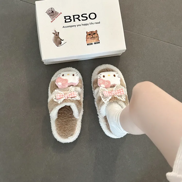 可爱卡通凯蒂猫棉拖鞋女2025秋冬新款外穿少女心保暖舒适毛毛拖鞋