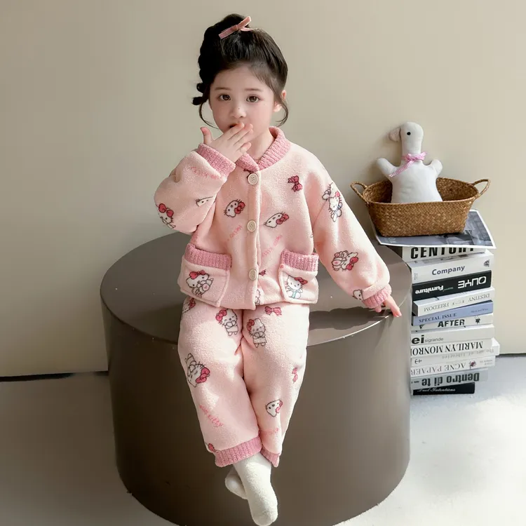 女童睡衣法兰绒女孩秋冬季2025新款女宝珊瑚绒分体套装儿童家居服
