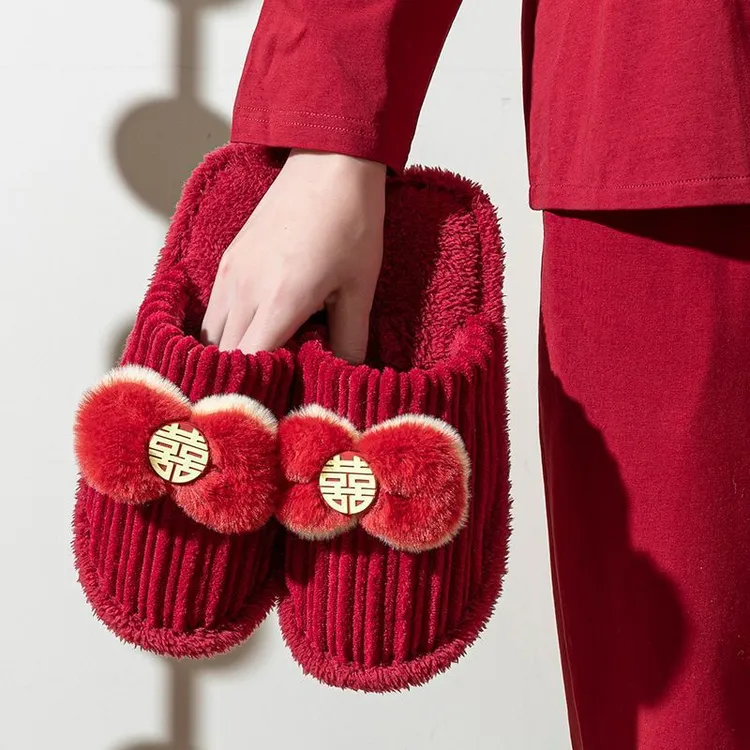 秋冬季结婚棉拖鞋喜庆红色一对新婚情侣拖鞋陪嫁轻奢高级厚底毛毛
