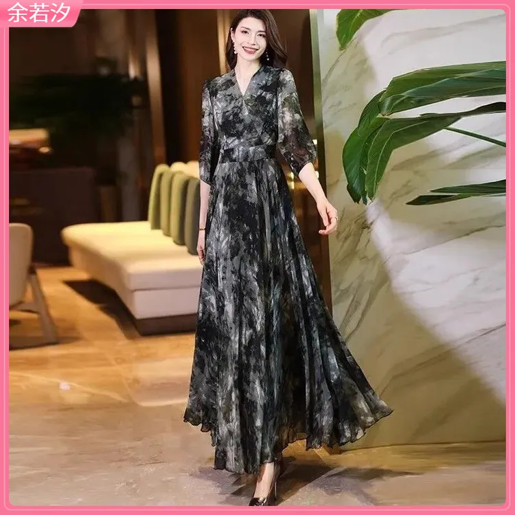 1雪纺连衣裙大摆裙7分袖大摆连衣裙修身显瘦起度假修身过膝长裙l