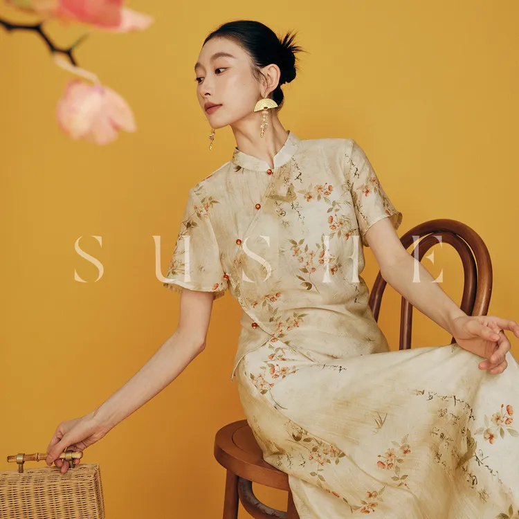 束皙【曦影】复古时尚短袖气质中国风民国立领做旧感诗意套装女夏季