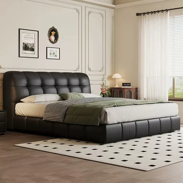 复古极简皮艺床现代创意简约泡芙床小户型主卧室双人床齐边软包床