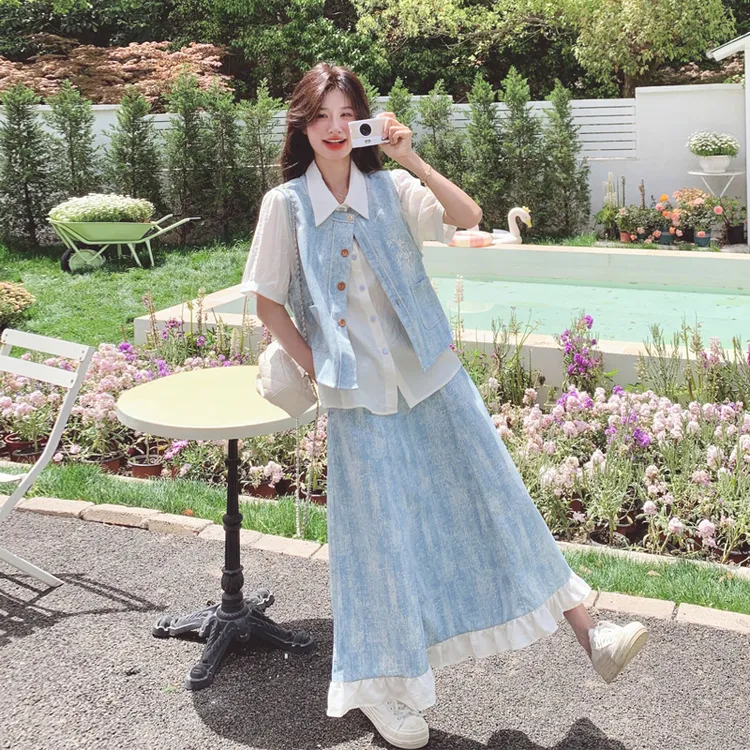 松弛感马甲衬衫半身裙套装2025女夏新款韩系小清新遮肉显瘦三件套