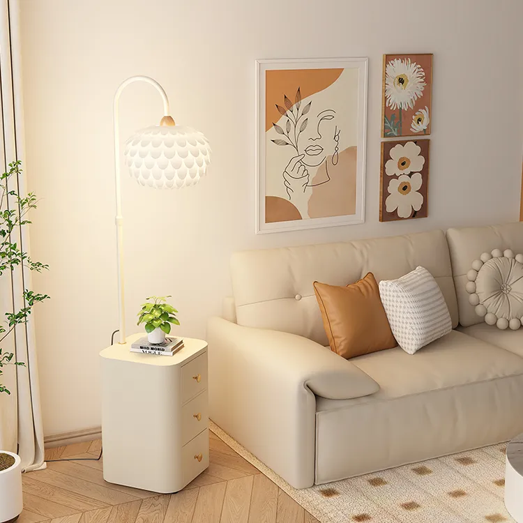 奶油风置物架落地灯卧室床头柜一体客厅沙发边几抽屉氛围立式台灯