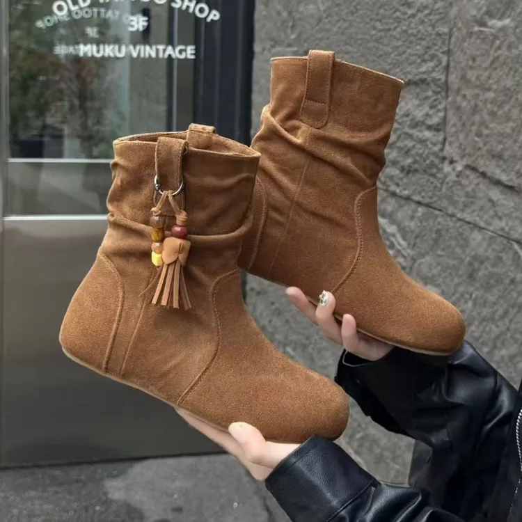40-43慵懒风短靴女2025新款内增高平底休闲时尚堆堆靴马丁靴