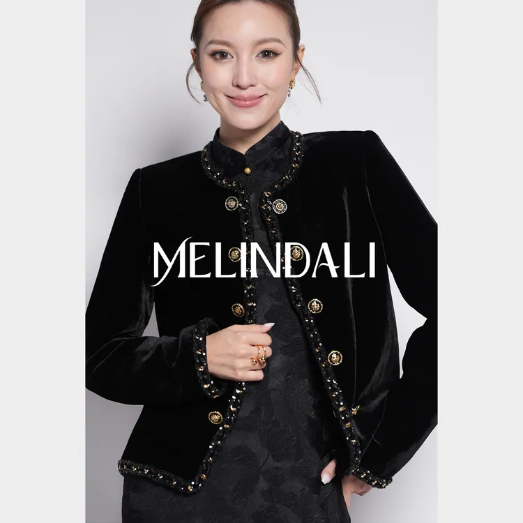 Melinda Li【华美丝绒】法式重工黑金100桑蚕丝丝绒小香风短款外套