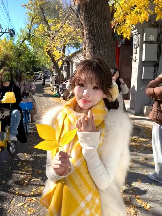 黄色格子双面围巾女秋冬新款韩系氛围感仿羊绒高级感保暖围脖披肩