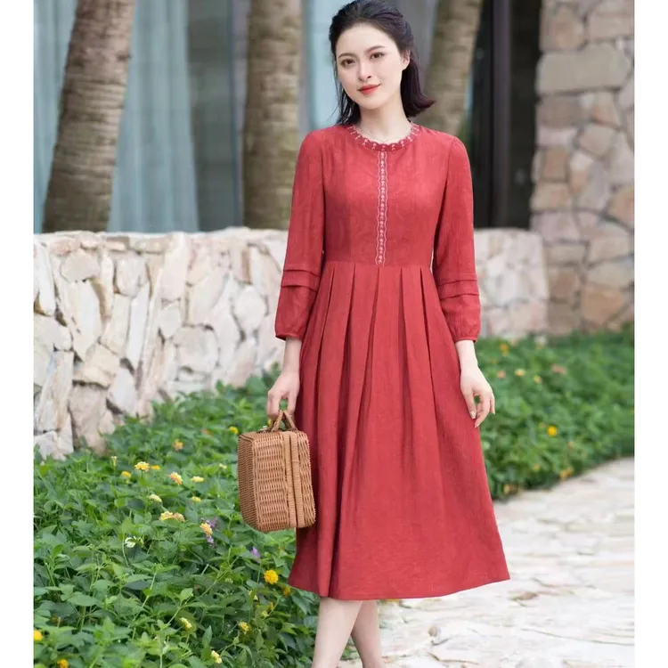 H1-H28 A字裙不褪色常规连衣裙中长款礼服显瘦时尚长袖裙子
