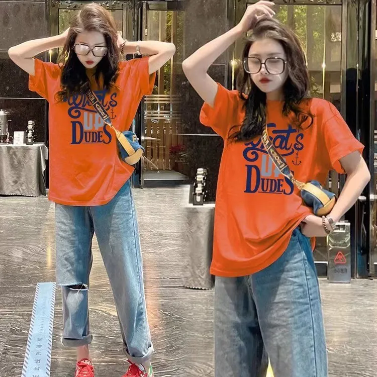 纯棉正肩中长款橘色短袖T恤女2025夏季新款欧货大版宽松上衣ins潮