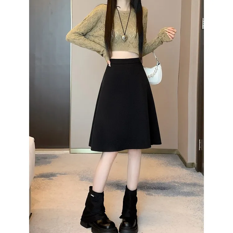 黑色半裙女高腰a字中裙显瘦秋冬小个子半身裙女过膝大摆伞裙