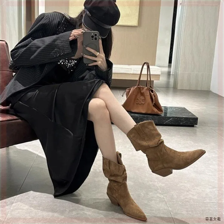 孙千同款褶皱堆堆靴女法式软皮复古绒面西部牛仔靴川西沙漠短靴女