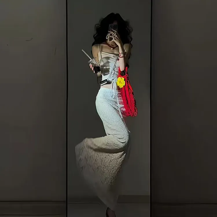 【B Y】纯欲风气质复古性感时尚绑带印花上衣镂空修身蕾丝半裙套装