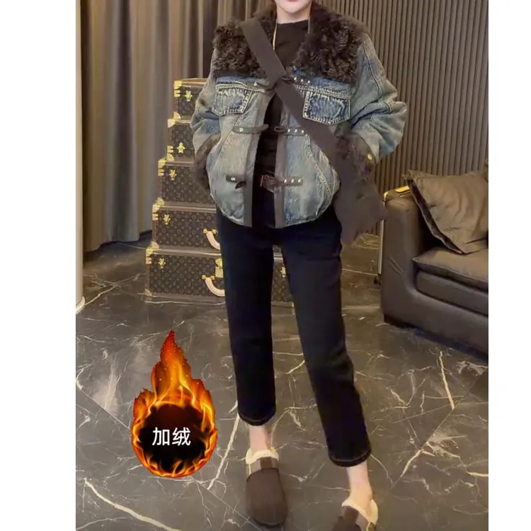 秋冬新款修身显瘦弹力休闲牛仔裤女加绒加厚小个子九分直筒烟管裤