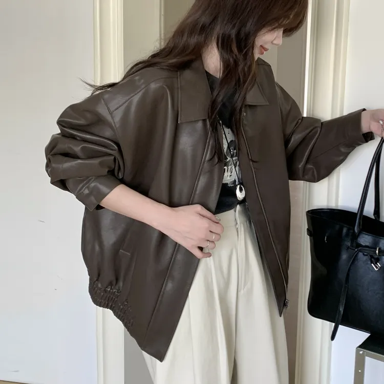 经典入门款2025甜酷女孩小个子春秋新款垂软宽松夹克pu皮衣外套女