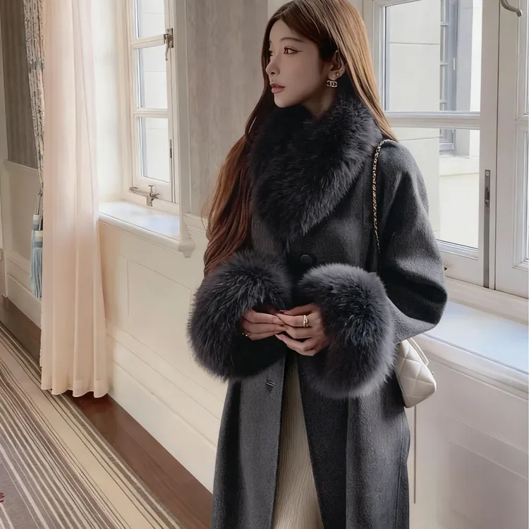 《冬日暖阳》双面长款气质羊毛大衣毛领可拆卸2669