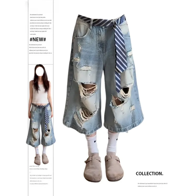 300斤大码美式复古做旧破洞牛仔裤女夏新款高街显瘦阔腿七分中裤2